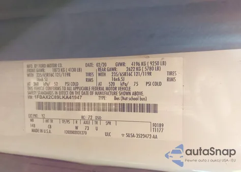 2020 Ford Transit-350 Passenger Van Xlt from USA, damaged, VIN 1FBAX2C89LKA41947